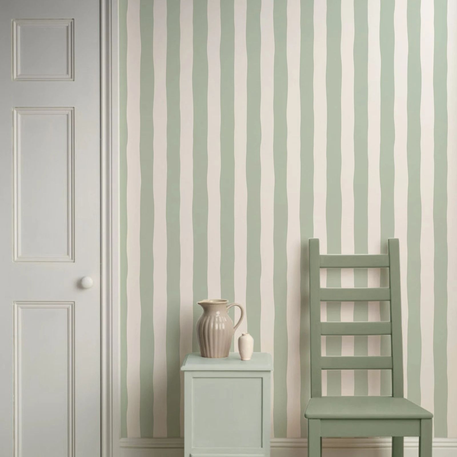 Herbal Wallpaper - Removable Wallpaper Sage Green Stripes, Classic