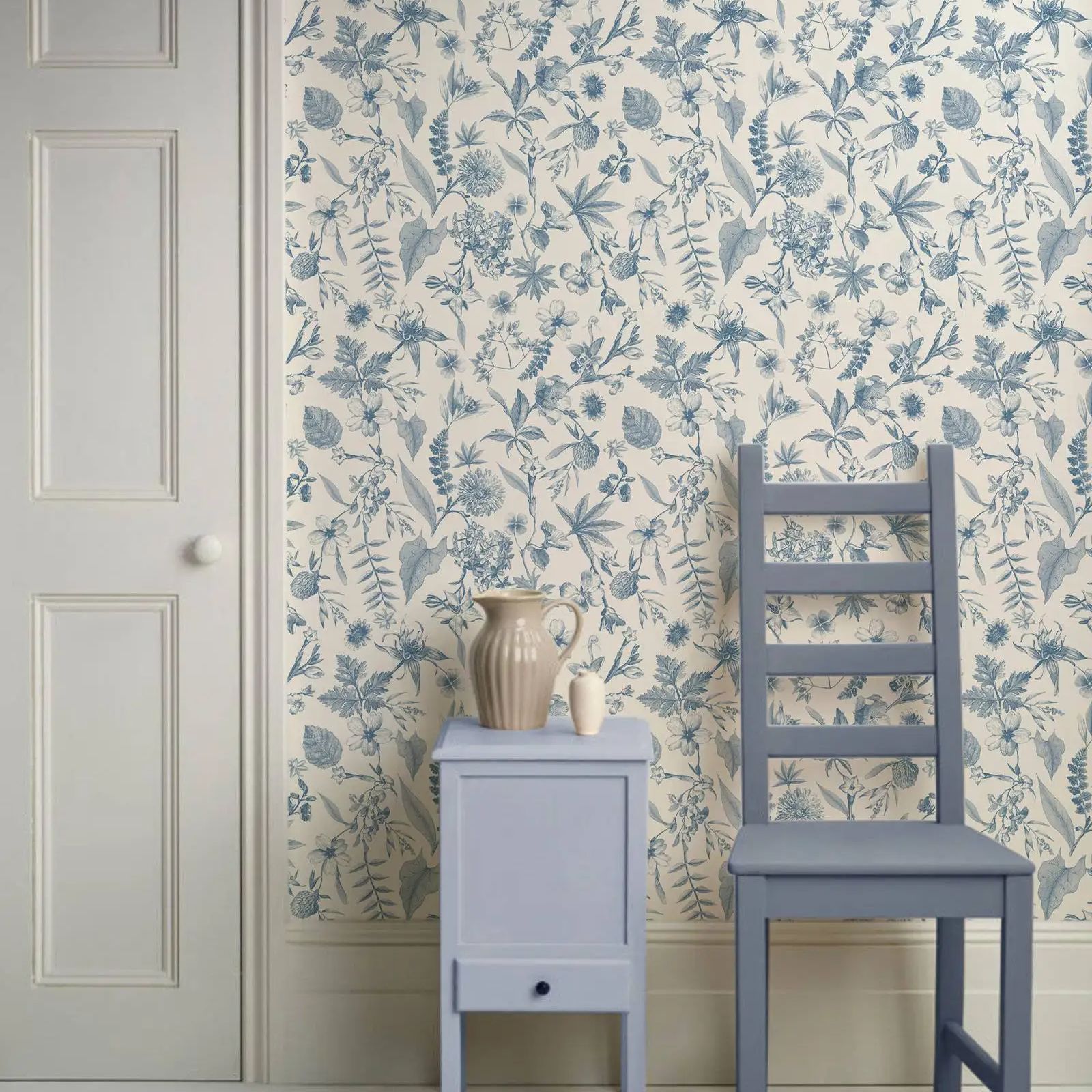 Herbal Wallpaper - Toile Farmhouse Whimsical Wallpaper, Blue and