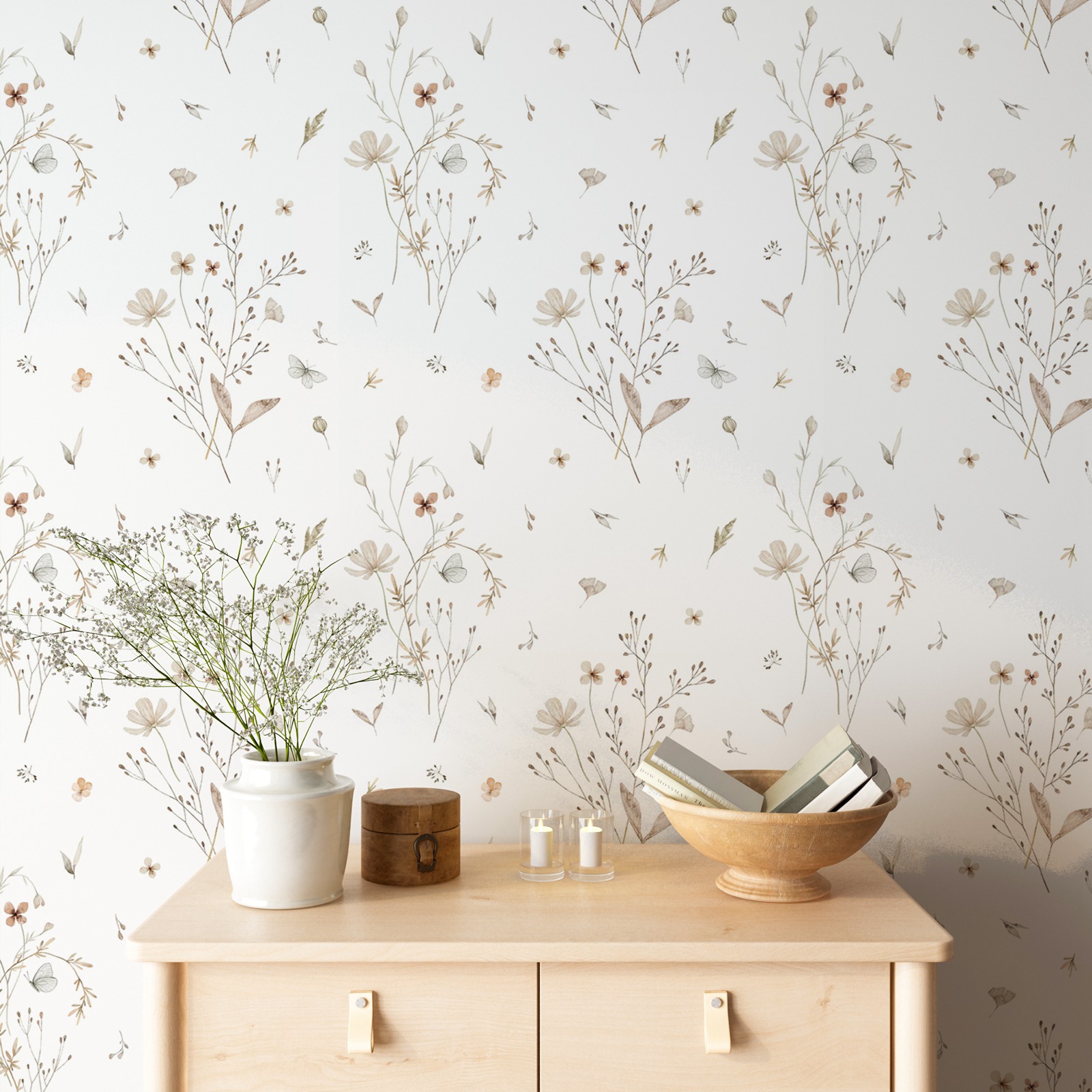 Herbal Wallpaper - Fresh Flowers Wallpaper, Neutral Meadow Blooms